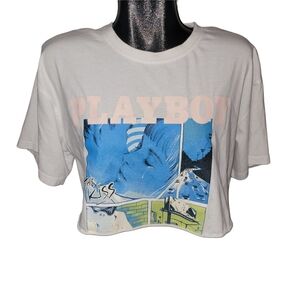 Playboy Y2K Graphic Front Cropped Oversized TShirt in White Size S